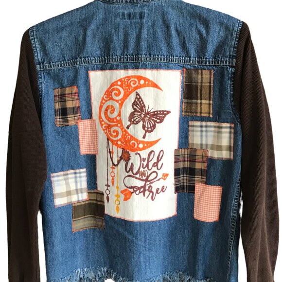 Upcycled Jean Shirt, Size M: Painted Wild Free Moon Graphic, Patchwork Jacket - Picture 11 of 13